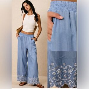 LAST ONE 🔥 Blue Embroidered Design On The Hem Pants